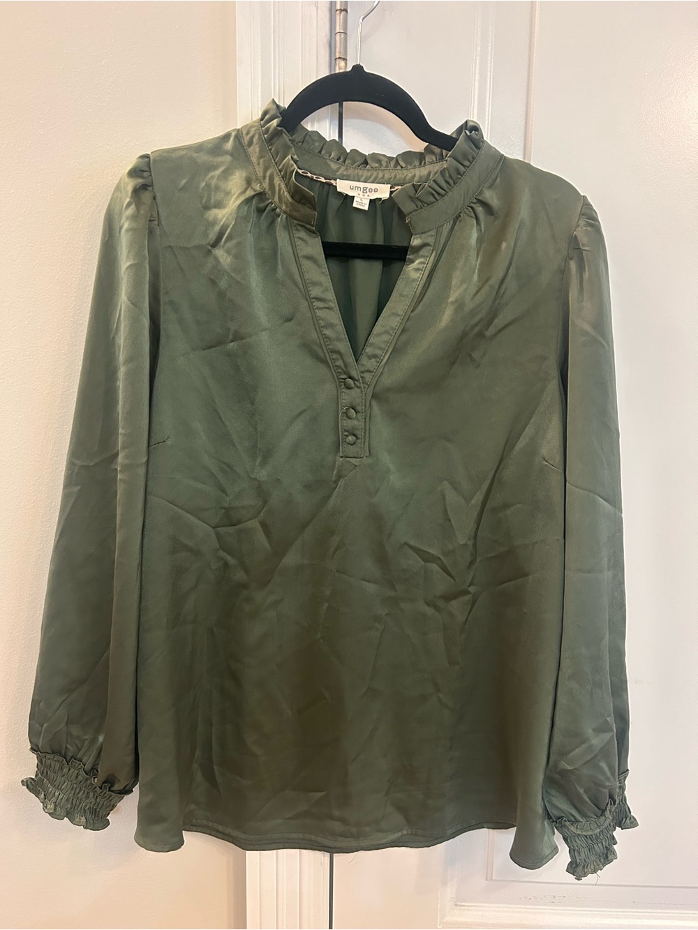 Umgee Olive Ruffle-Neck Satin Long-Sleeve Blouse